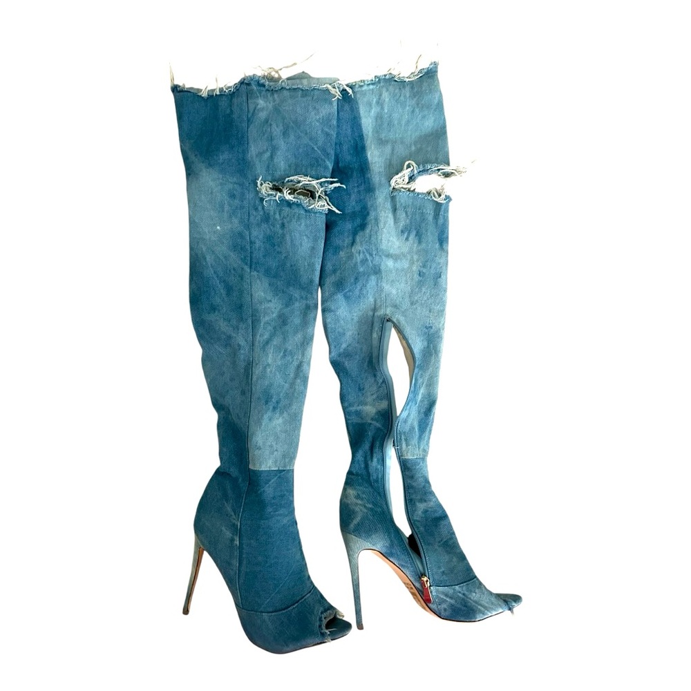 Denim Thigh High Peep-Toe Heels